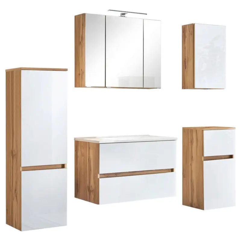 Badm&ouml;bel-Set 6-Tlg. inkl. LED Helsinki, Wei&szlig;/Eiche