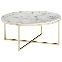 Couchtisch Rund In Marmoroptik mit Stahlgestell Wei&szlig;/Gold