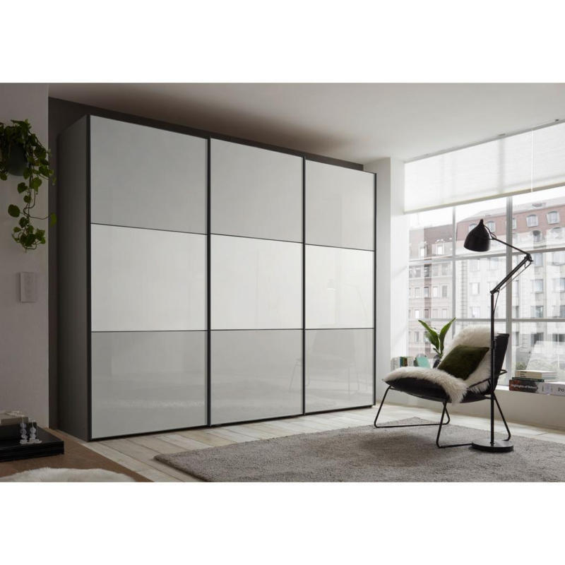 Schwebetürenschrank Glasfront 280cm Includo, Hellgrau/Weiß