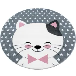 Kinderteppich Rund Katze Grau/Weiß/Pink Kids Ø 160 cm