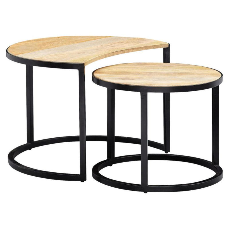 Couchtisch Rund mit Holzplatte 2er-Set Wohnling Mango/Schwarz