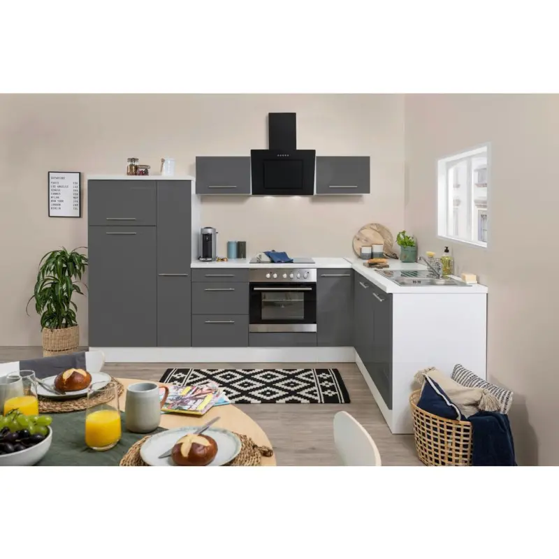 Einbauküche Eckküche Möbelix Rp290wgc mit Geräten 290x200 cm Grau/Weiß