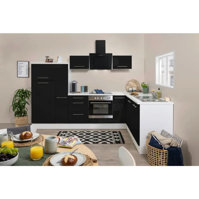Einbauküche Eckküche Möbelix Rp290wsc mit Geräten 290x200 cm Schwarz/Weiß
