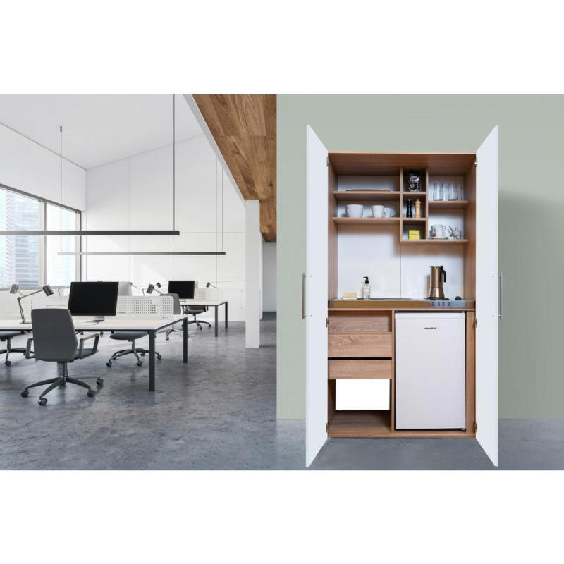Schrankküche mit Kühlschrank + Kochfeld 104 cm Weiß