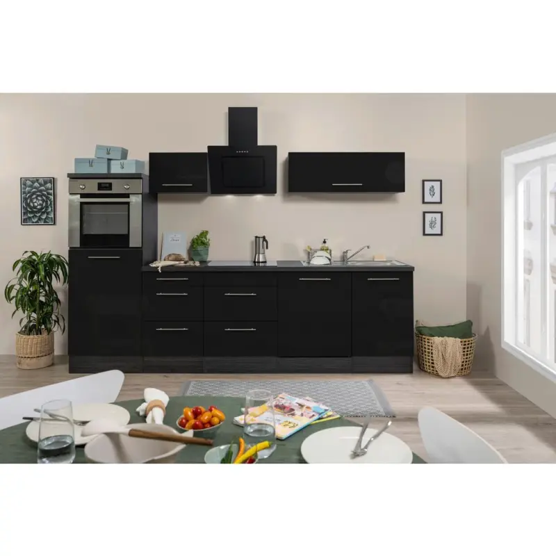 K&uuml;chenzeile mit Ger&auml;ten 280 cm Schwarz Hochglanz/Eiche Grau