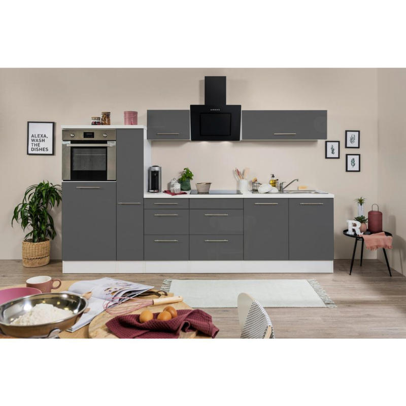 Küchenzeile mit Geräten 300 cm Grau Hochglanz/Weiß