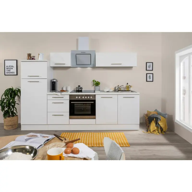 K&uuml;chenzeile mit Ger&auml;ten B: 270 cm Wei&szlig;/Holz Dekor