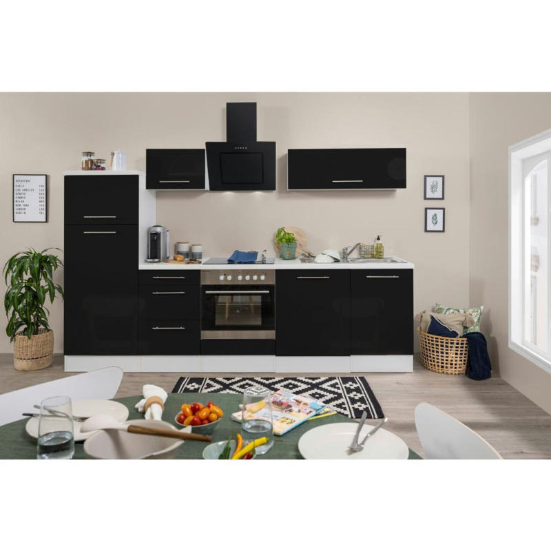 Küchenzeile mit Geräten 280 cm Schwarz Hochglanz/Weiß