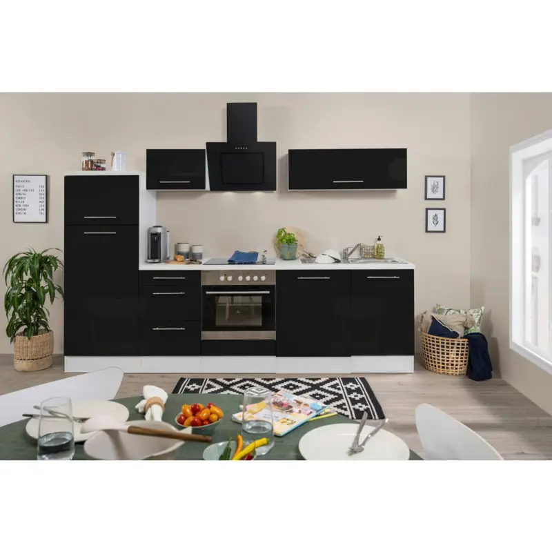 K&uuml;chenzeile mit Ger&auml;ten 280 cm Schwarz Hochglanz/Wei&szlig;