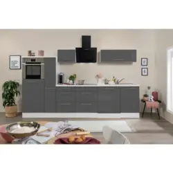 K&uuml;chenzeile mit Ger&auml;ten 310 cm Grau Hochglanz/Wei&szlig;