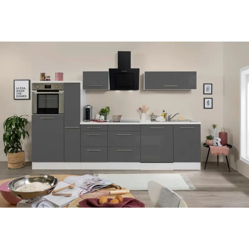 K&uuml;chenzeile mit Ger&auml;ten 310 cm Grau Hochglanz/Wei&szlig;