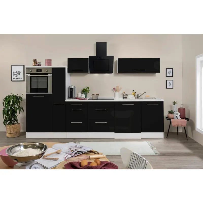 Küchenzeile mit Geräten 310 cm Schwarz Hochglanz/Weiß
