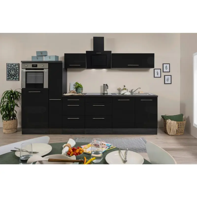 Küchenzeile mit Geräten 300 cm Schwarz Hochglanz/Eiche Grau