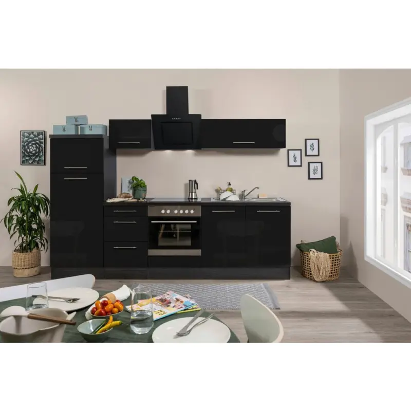 K&uuml;chenzeile mit Ger&auml;ten 270 cm Schwarz Hochglanz