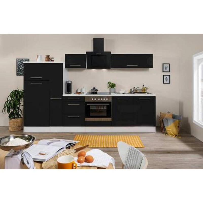 Küchenzeile mit Geräten 300 cm Schwarz Hochglanz/Weiß