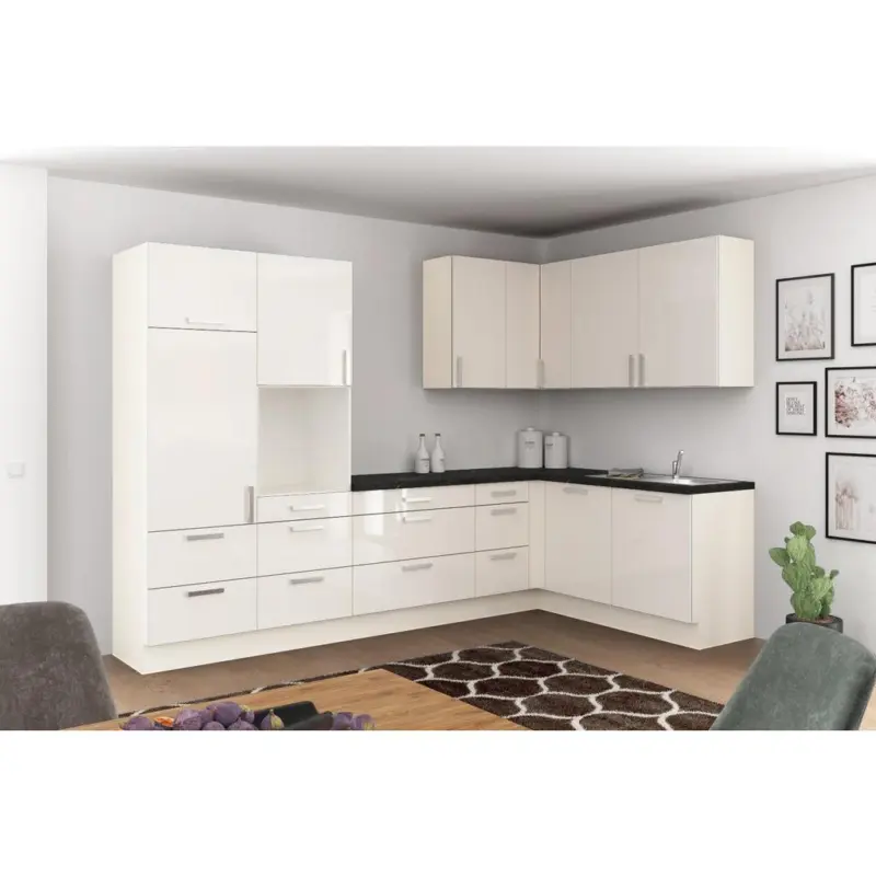 Einbauk&uuml;che Eckk&uuml;che M&ouml;belix Ip4050 Ohne Ger&auml;te 320x185 Cm Magnolie/schwarz