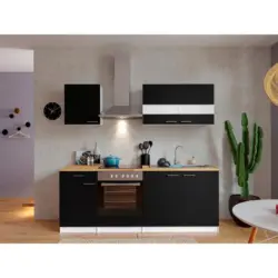 Küchenzeile Economy Mit Geräten 210 Cm Schwarz/nussbaum Dekor