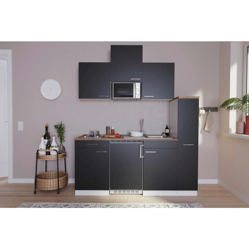 Küchenzeile Economy Mit Geräten 180 Cm Schwarz/nussbaum Dekor