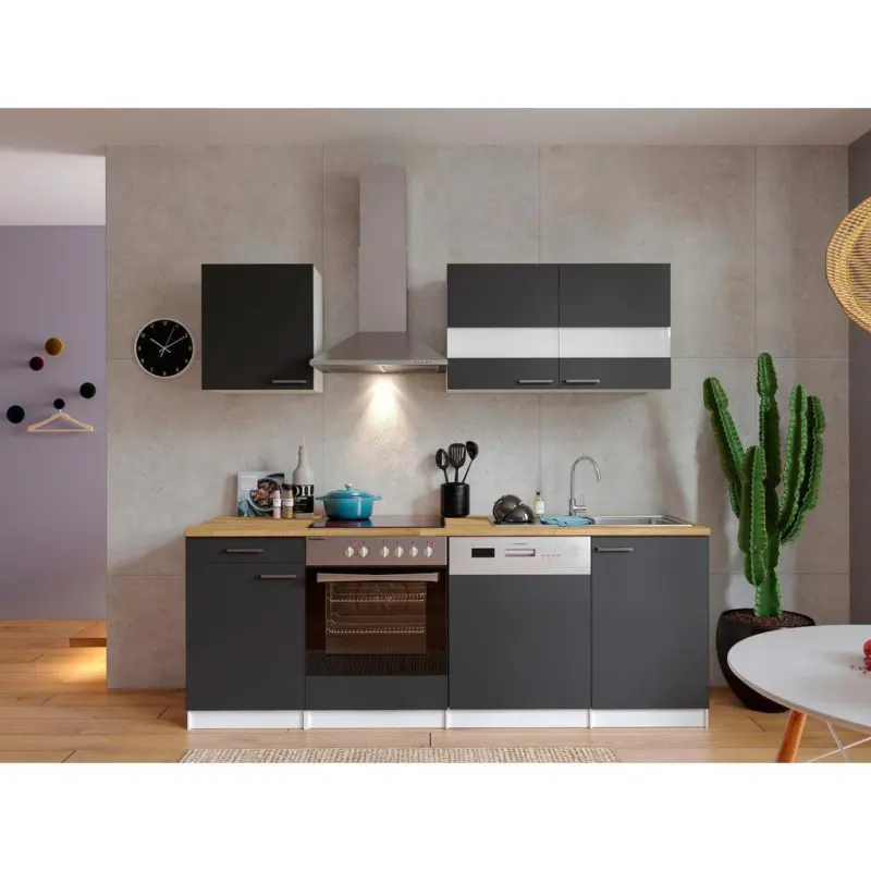 Küchenzeile Economy Mit Geräten 220 Cm Grau/nussbaum Dekor