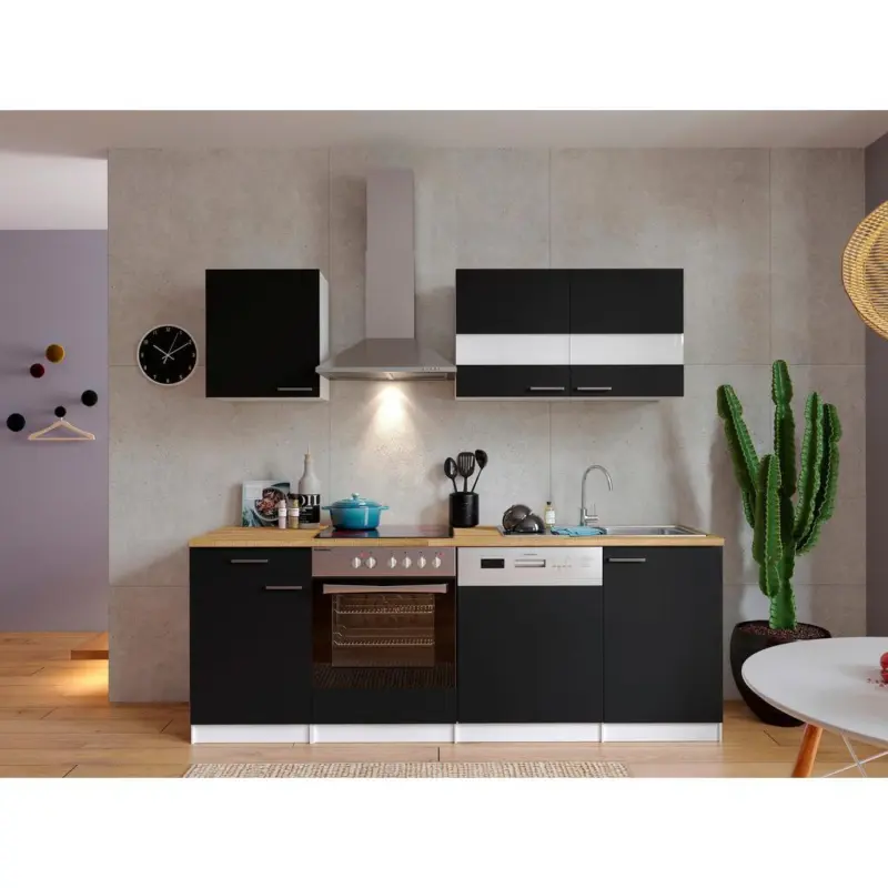 Küchenzeile Economy Mit Geräten 220 Cm Schwarz/nussbaum Dekor