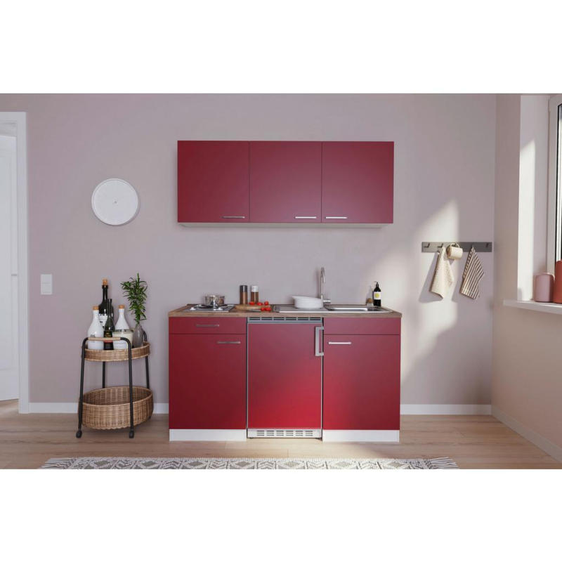 Miniküche Economy Mit Geräten 150 Cm Rot/ Nussbaum Dekor