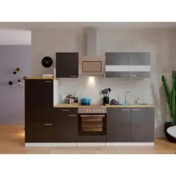 K&uuml;chenzeile Economy Mit Ger&auml;ten 270 Cm Grau/nussbaum Dekor