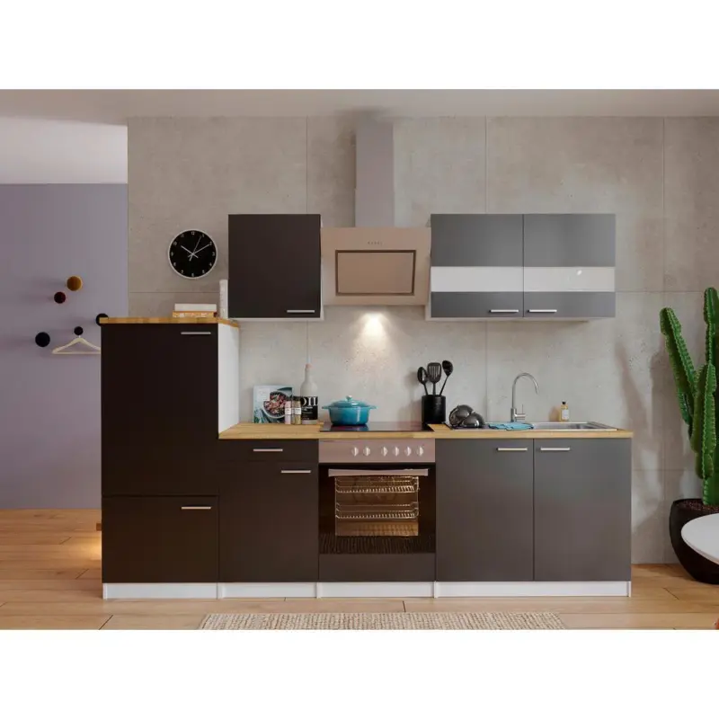 K&uuml;chenzeile Economy Mit Ger&auml;ten 270 Cm Grau/nussbaum Dekor