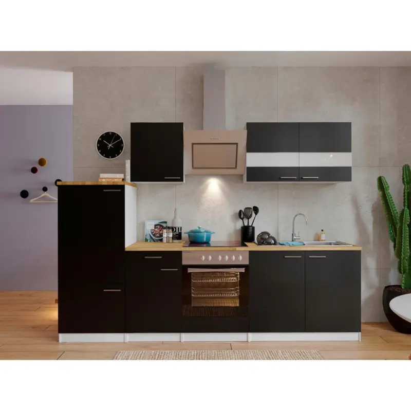 K&uuml;chenzeile Economy Mit Ger&auml;ten 270 Cm Schwarz/nussbaum Dekor