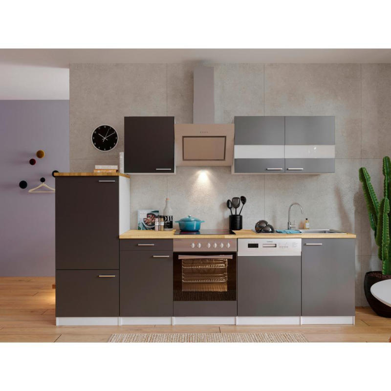 Küchenzeile Economy Mit Geräten 280 Cm Grau/nussbaum Dekor