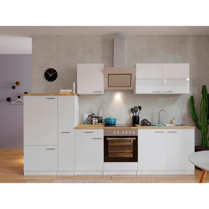 Küchenzeile Economy Mit Geräten 300 Cm Weiß/nussbaum Dekor