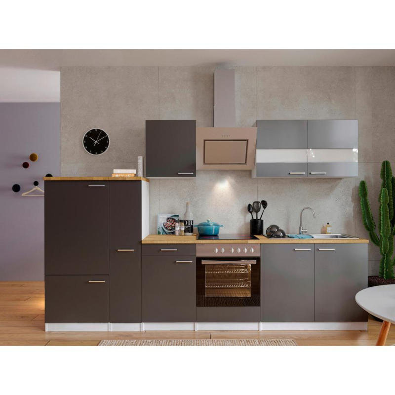 Küchenzeile Economy Mit Geräten 300 Cm Grau/nussbaum Dekor