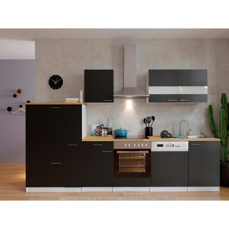 Küchenzeile Economy Mit Geräten 310 Cm Schwarz/nussbaum Dekor