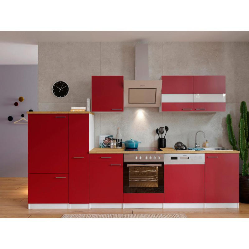Küchenzeile Economy Mit Geräten 310 Cm Rot/nussbaum Dekor