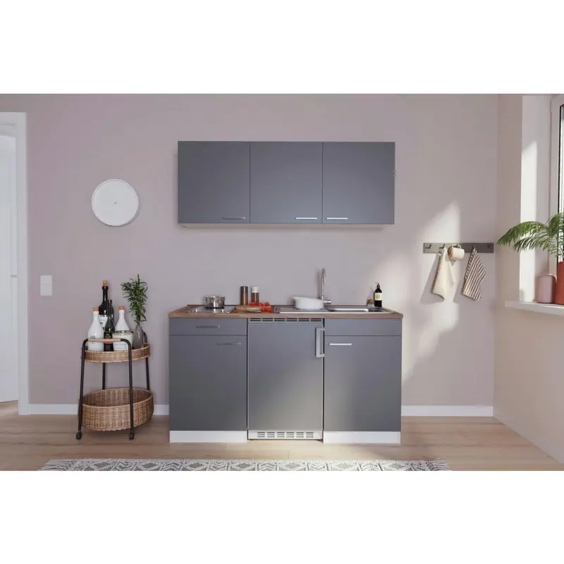 Miniküche Economy Mit Geräten 150 Cm Grau/ Nussbaum Dekor