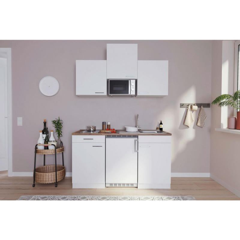 Miniküche Economy Mit Geräten 150 Cm Weiß/ Nussbaum Dekor