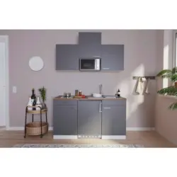 Miniküche Economy Mit Geräten 150 Cm Grau/nussbaum Dekor
