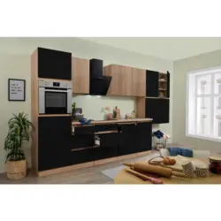 Küchenzeile Premium Mit Geräten 380 Cm Schwarz/eiche Dekor