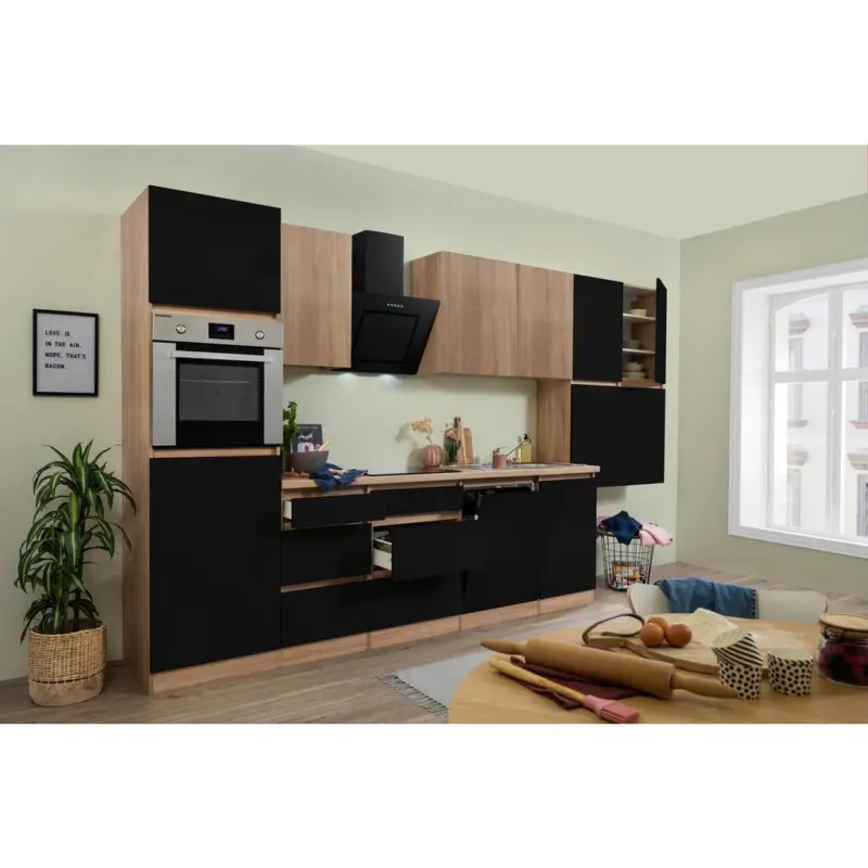 Küchenzeile Premium Mit Geräten 380 Cm Schwarz/eiche Dekor