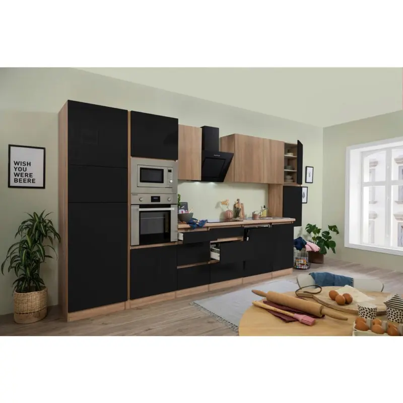 K&uuml;chenzeile Premium Mit Ger&auml;ten 395 Cm Schwarz/eiche Dekor