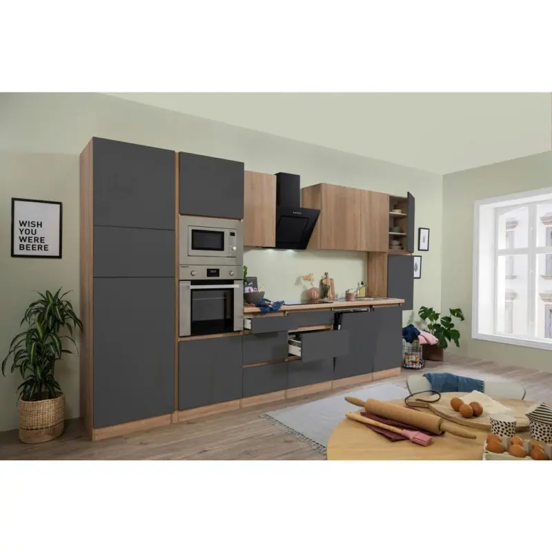 K&uuml;chenzeile Premium Mit Ger&auml;ten 395 Cm Grau/eiche Dekor