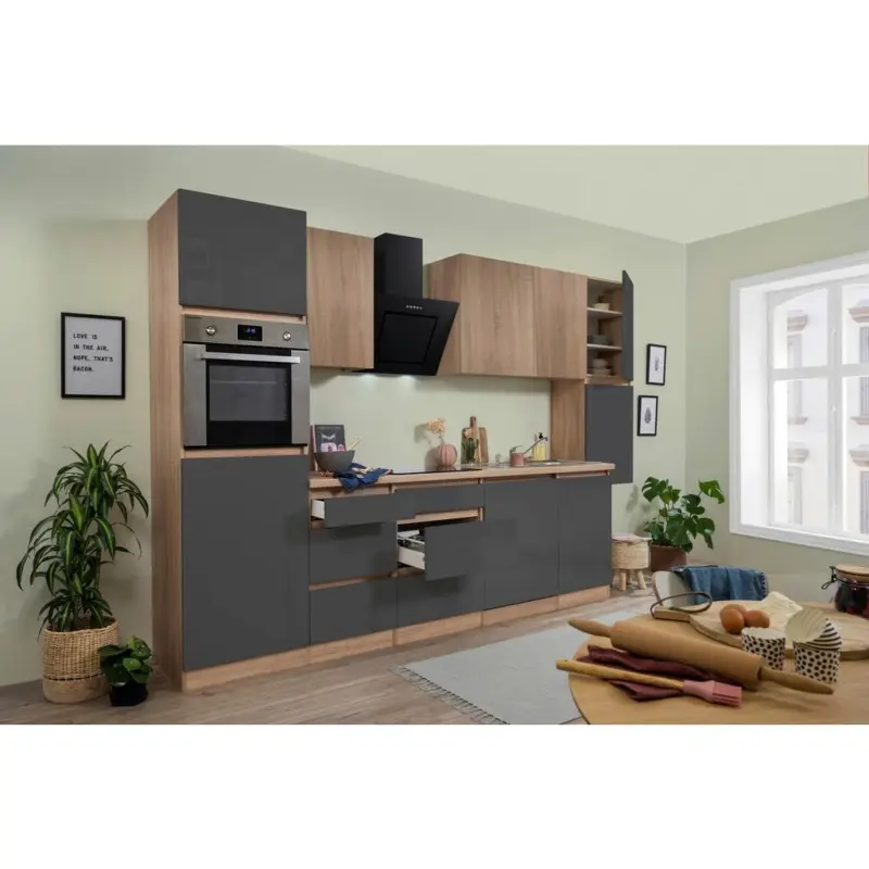 Küchenzeile Premium Mit Geräten 330 Cm Grau/eiche Dekor