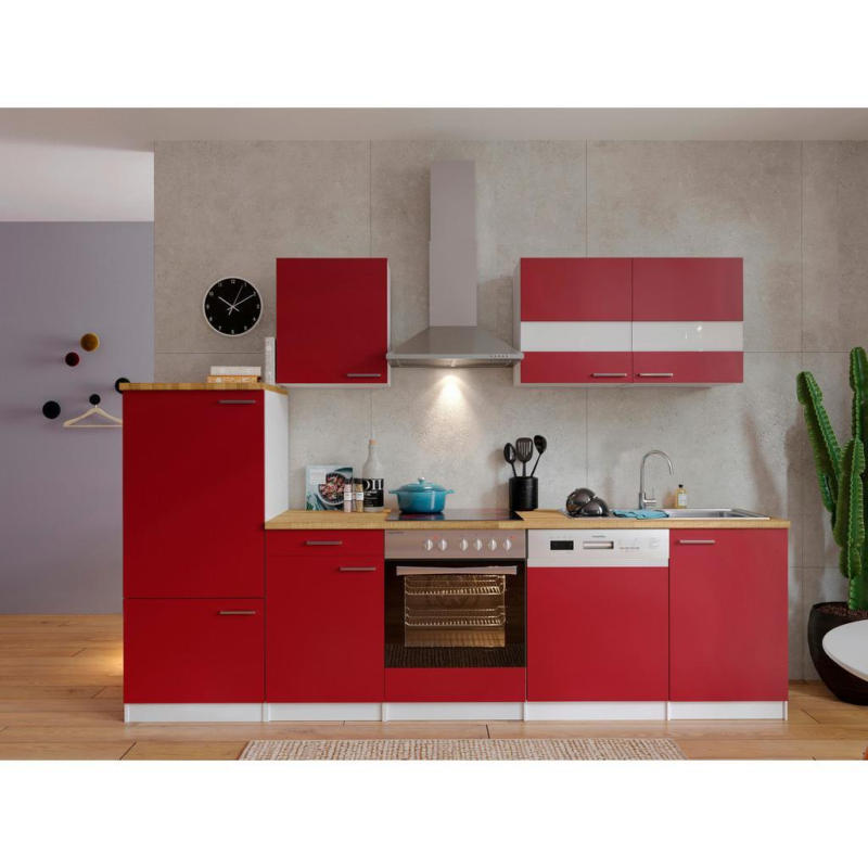 Küchenzeile Economy Mit Geräten 280 Cm Rot/nussbaum Dekor