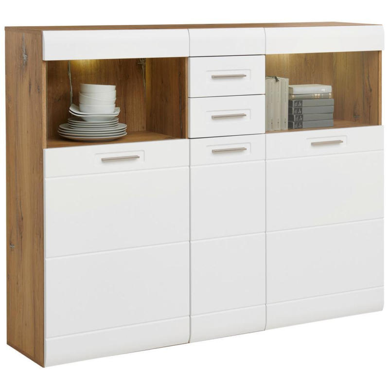 Highboard Mit Glaselementen B: 155 Cm Auris, Weiß/eiche Dekor