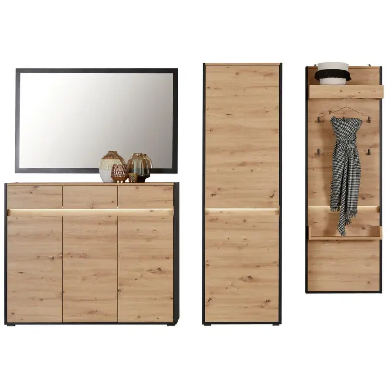 Garderoben-Set Welcome Eiche Dekor/Schwarz 4 -Teilig.