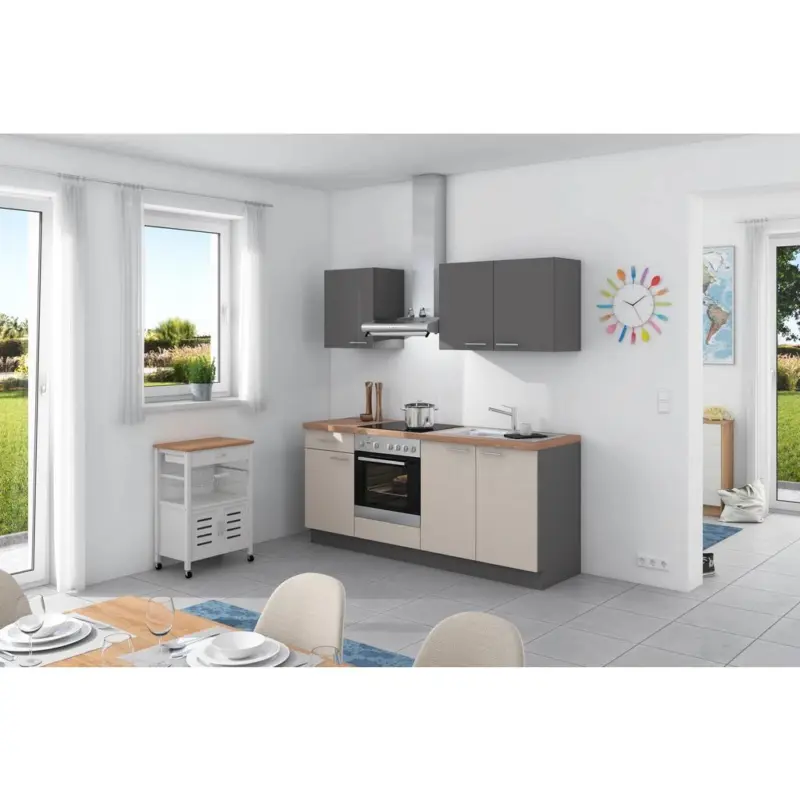 Küchenzeile Win ohne Geräte 200 cm Anthrazit/Creme