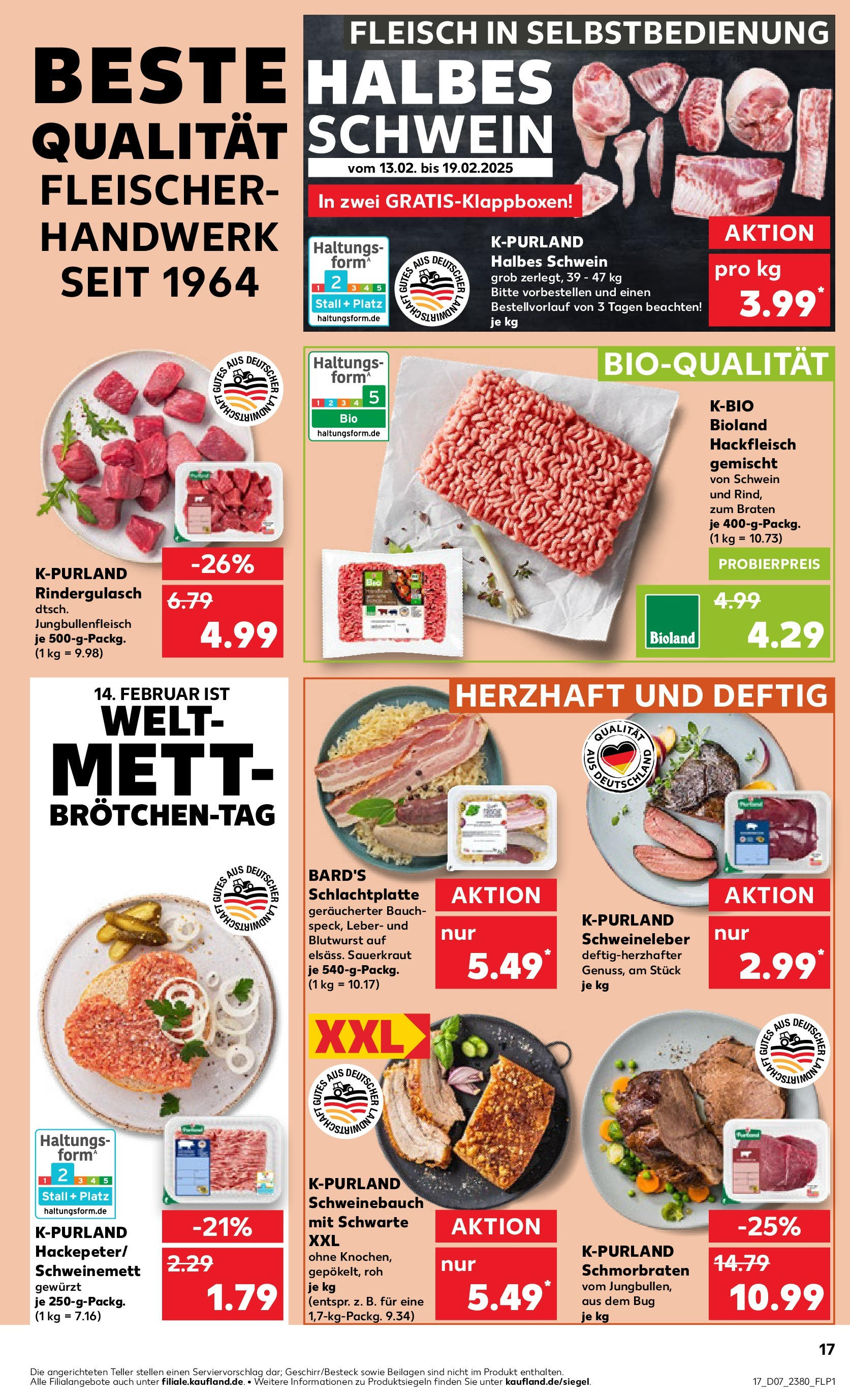 Kaufland - Vilshofen an der Donau, Hösamer Feld 7 (ab 13.02.2025) » Angebote Online zum Blättern | Seite: 17 | Produkte: Rindergulasch, Schweinebauch, Fleisch, Hackfleisch