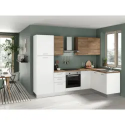 Einbauküche Eckküche Möbelix Dafne mit Geräte 270x165 cm Weiß/Nussbaum