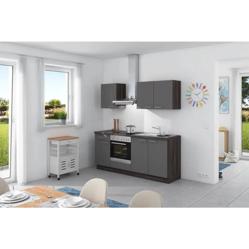 K&uuml;chenzeile Base Ohne Ger&auml;te 200 Cm Anthrazit/eiche Grau