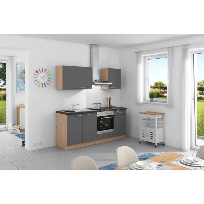 Küchenzeile Base Ohne Geräte 200 Cm Anthrazit/wildeiche