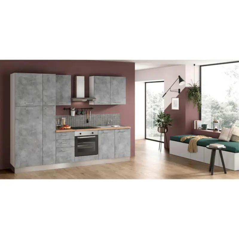 Küchenzeile Aura mit Geräte 285 cm Hellgrau/Beton Optik